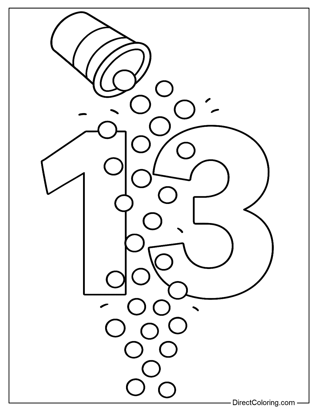 Coloring page number 13 with 13 marbles falling from a spiral tube